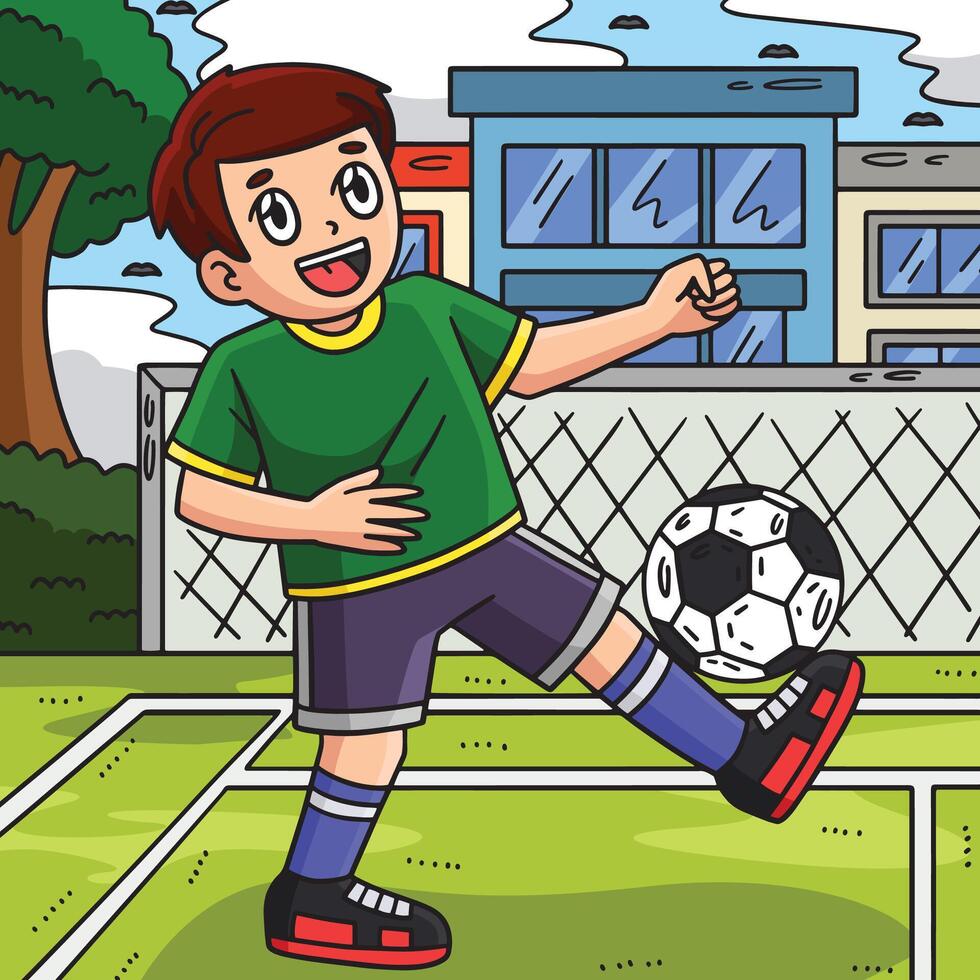 Garoto balanceamento futebol bola pé colori desenho animado vetor