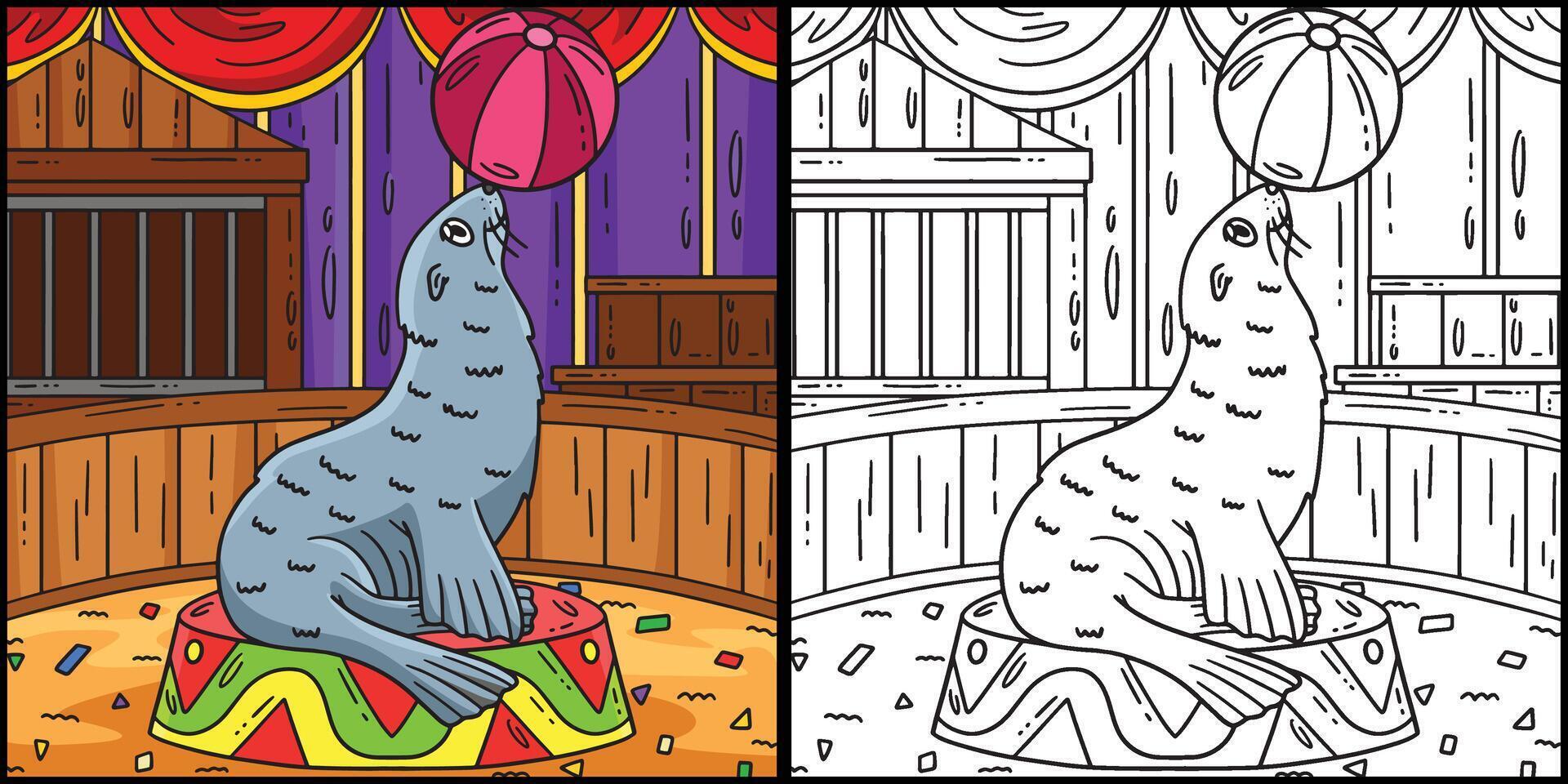 circo mar leão e bola coloração ilustração vetor