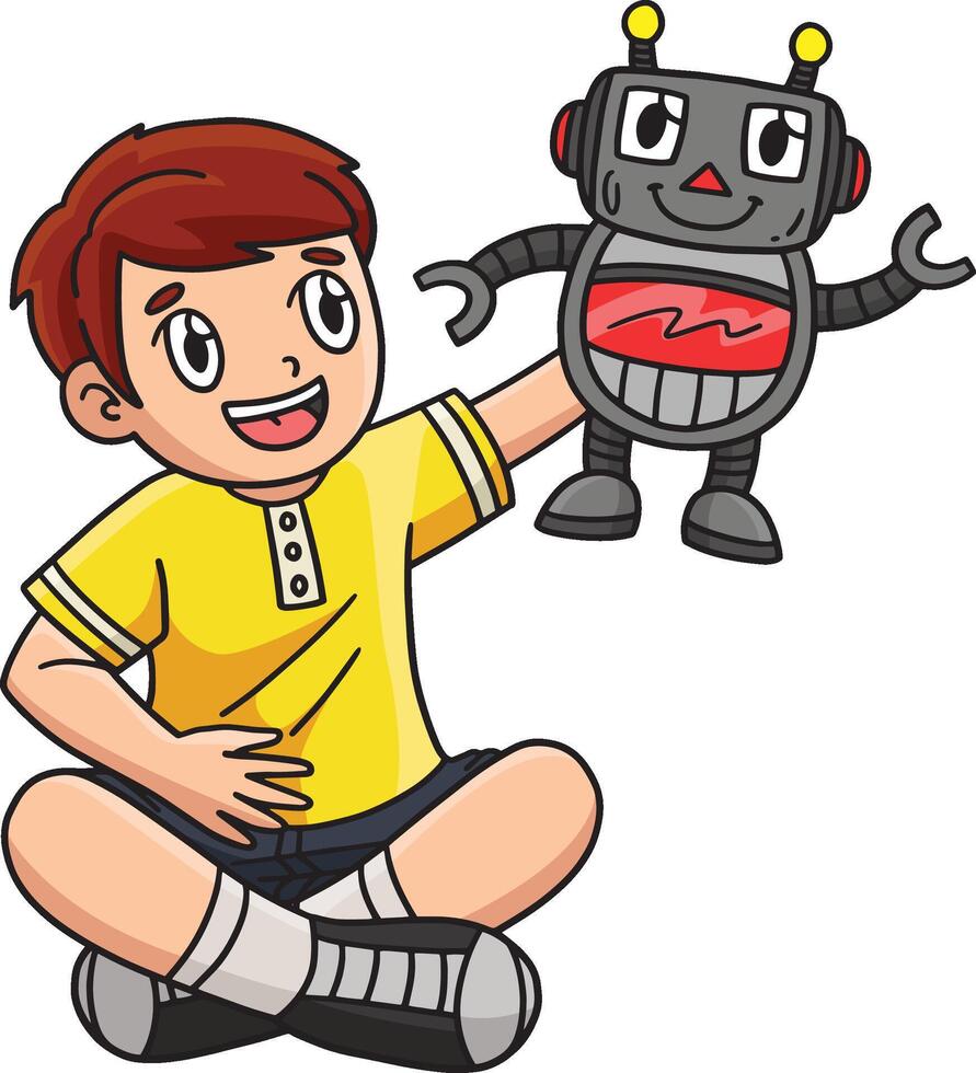 Garoto jogando robô brinquedo desenho animado colori clipart vetor
