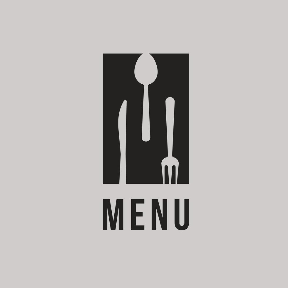 conceito do logotipo do restaurante, silhueta preta abstrata, letra m com colher, garfo e faca no espaço negativo da letra. logotipo de vetor criativo