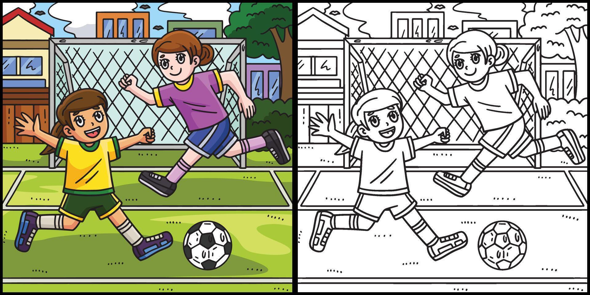 meninas jogando futebol coloração página ilustração vetor