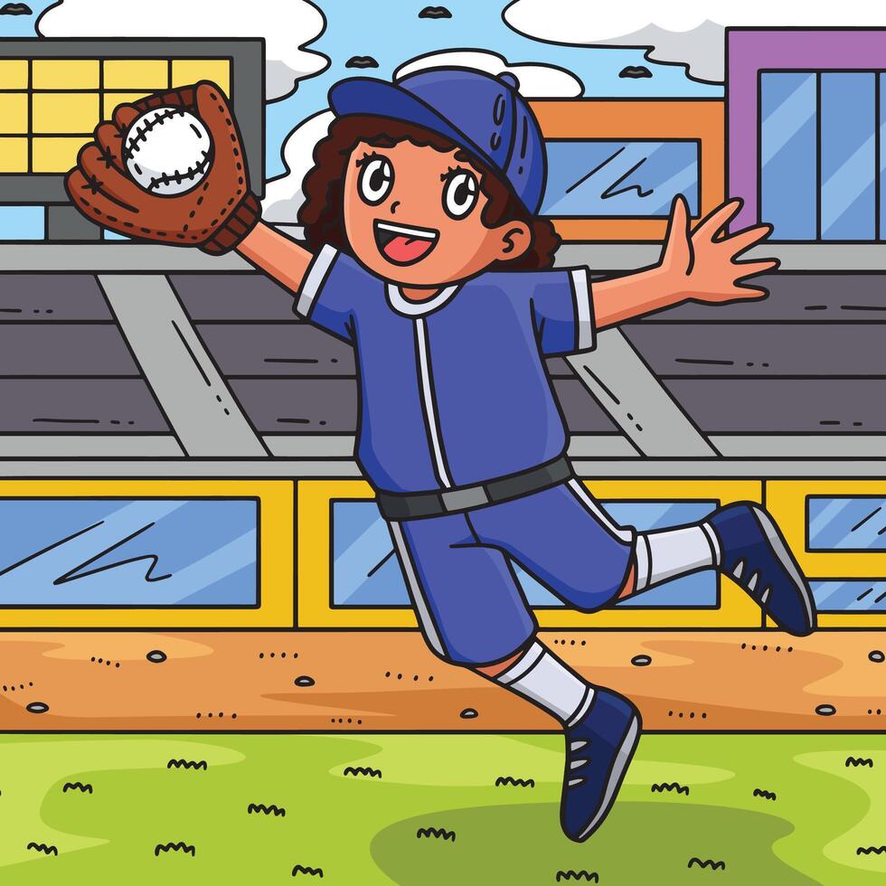 menina fielder pegando beisebol colori desenho animado vetor