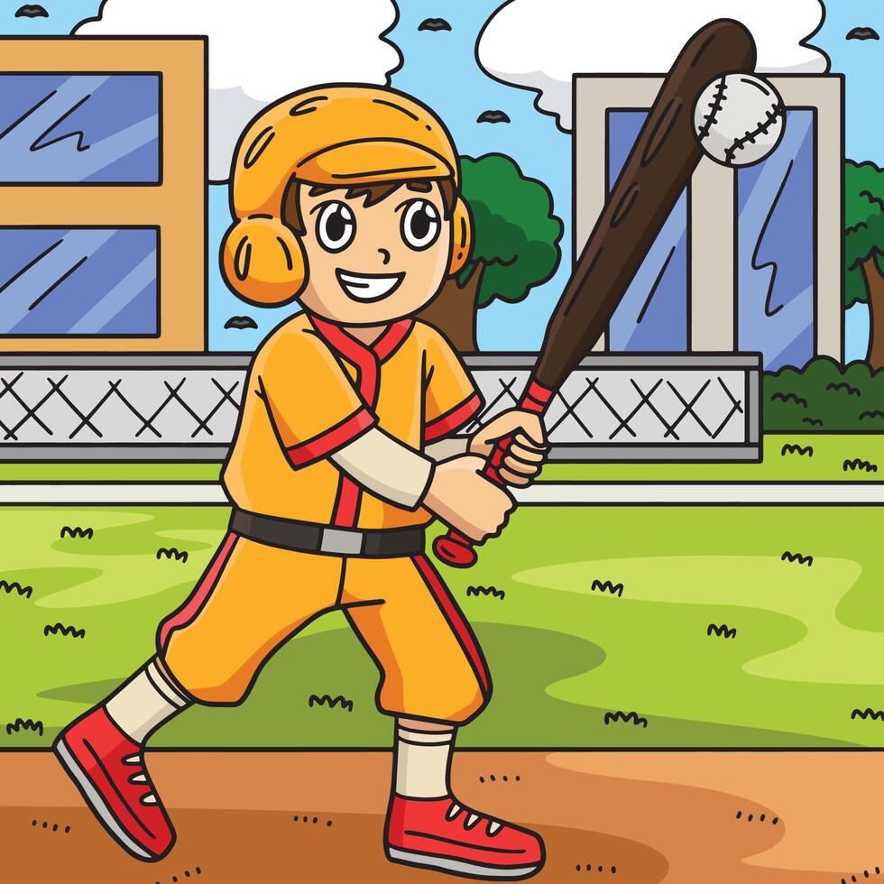 Garoto batendo beisebol colori desenho animado ilustração vetor