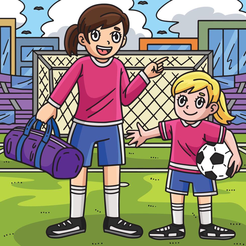 menina e uma Senior futebol jogador colori desenho animado vetor