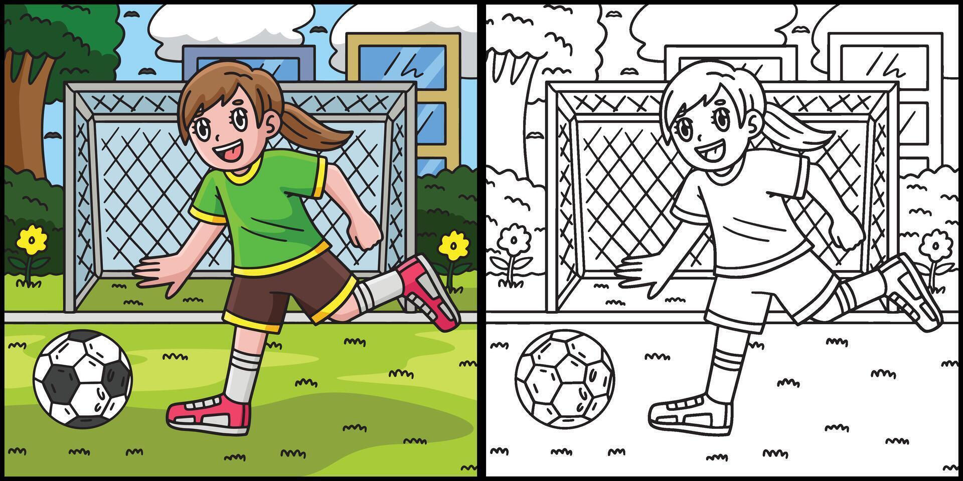 menina perseguindo uma futebol bola coloração ilustração vetor