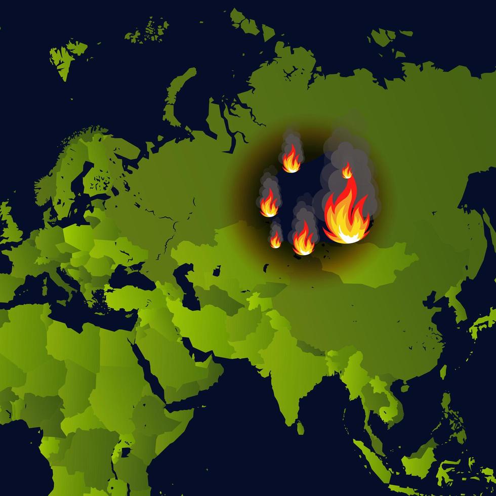 bandeira de incêndios florestais, lareira no mapa, desastre nas notícias da Sibéria russa, papel que queima fumaça e arde de fogo, ilustração vetorial. vetor