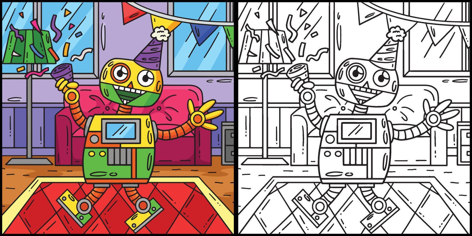 robô com uma festa chapéu e confete ilustração vetor