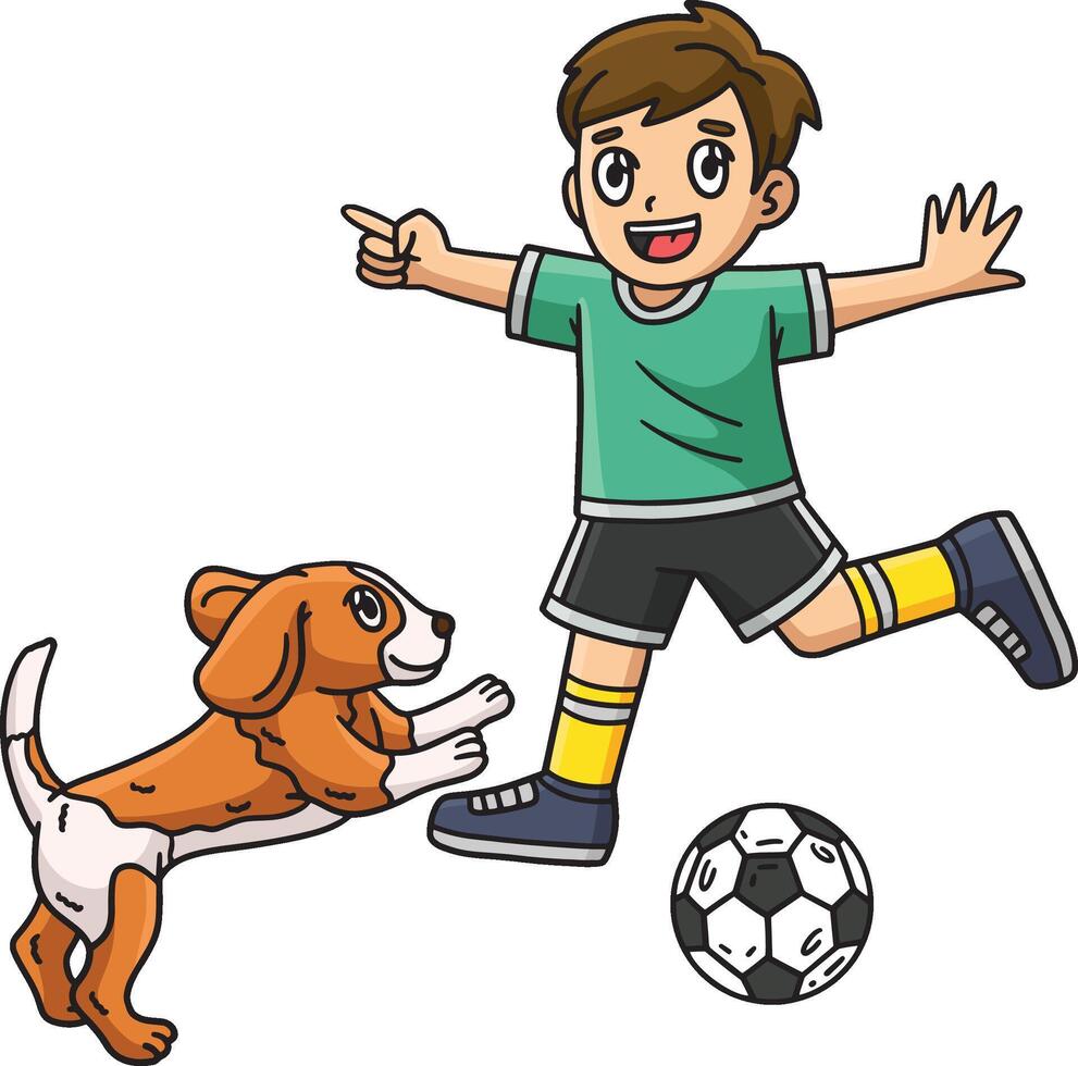 Garoto e uma cachorro jogando futebol desenho animado clipart vetor
