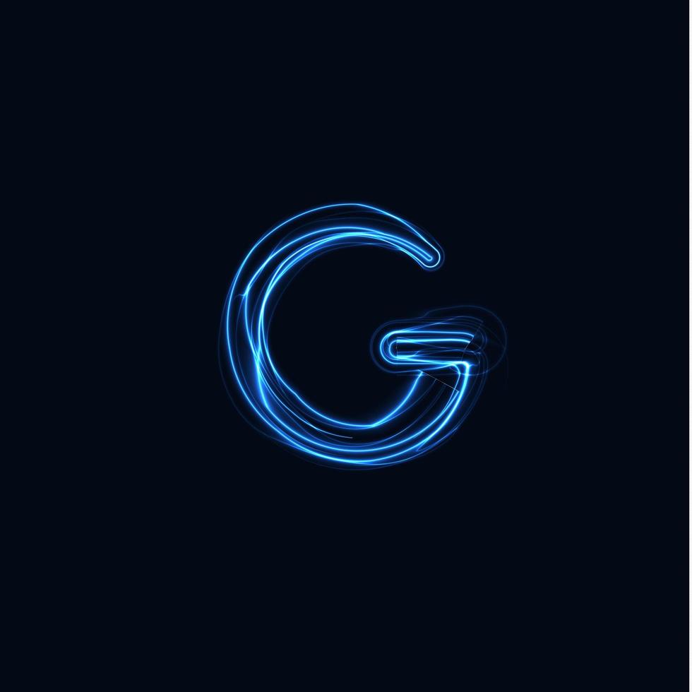 relâmpago realista letra g, logotipo de luva brilhante, símbolo de estilo de brilho de energia elétrica, sinal de tipo de plasma tesla azul. ilustração em vetor raio, design de tipografia