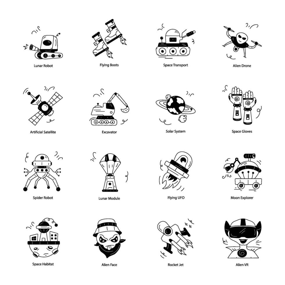 coleção de ícones de doodle de tecnologia espacial vetor