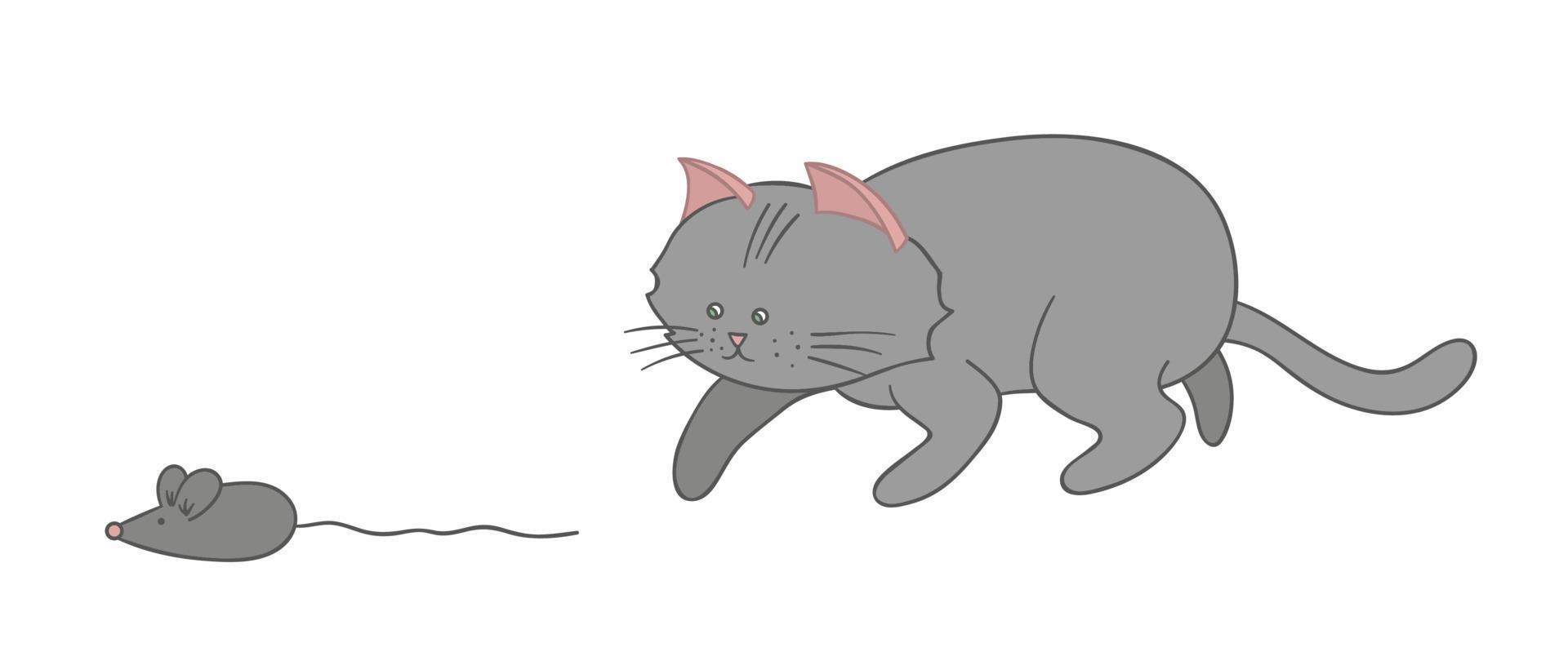 ilustração em vetor de um gato caçando um rato. gatinho bonitinho clip-art. imagens de estilo de desenho animado para crianças.