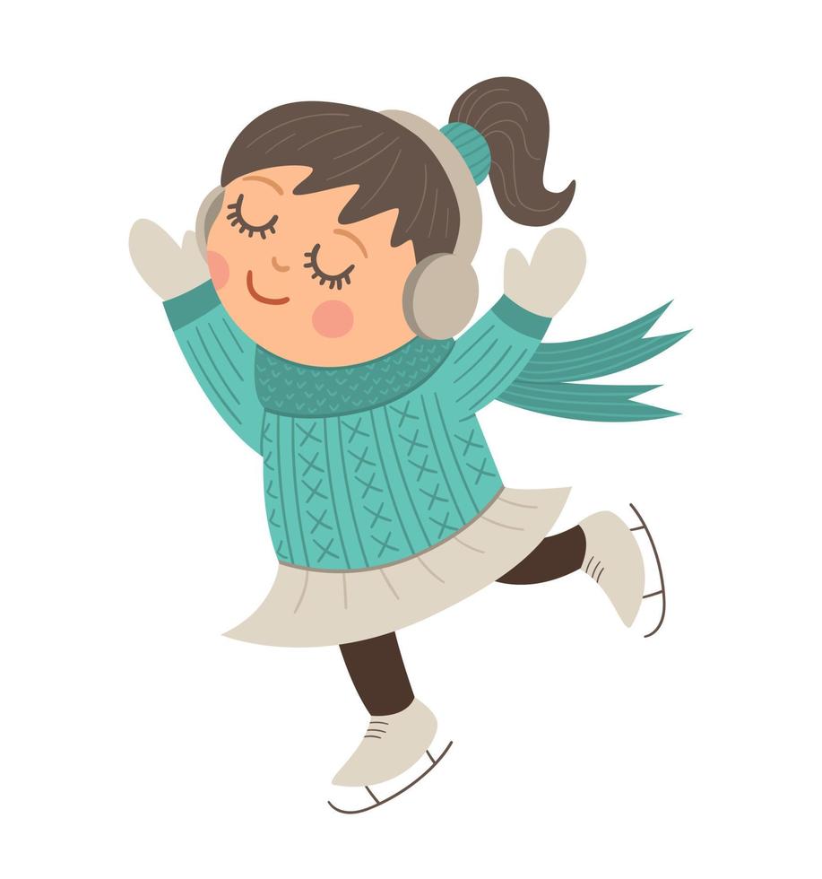 menina feliz patinação do vetor em protetores de ouvido. ilustração de criança de inverno bonito isolada no fundo branco. imagem engraçada de estilo simples para design de natal, ano novo ou inverno