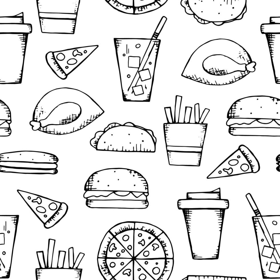 padrão sem emenda de fast-food desenhado à mão. ilustração de limonada, frango assado, batata frita, café, pizza, hambúrguer, cachorro-quente, burrito vetor