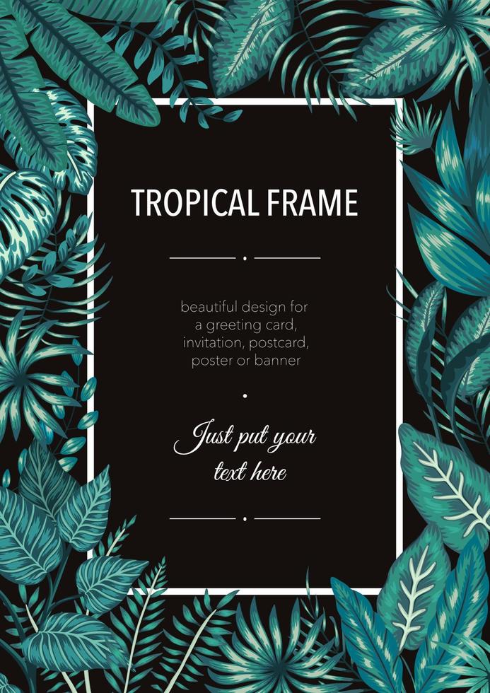 modelo de quadro de vetor com folhas verdes esmeraldas tropicais em fundo preto. placa de layout vertical com lugar para texto. design de primavera ou verão para eventos de convite, casamento, festa, promoção.