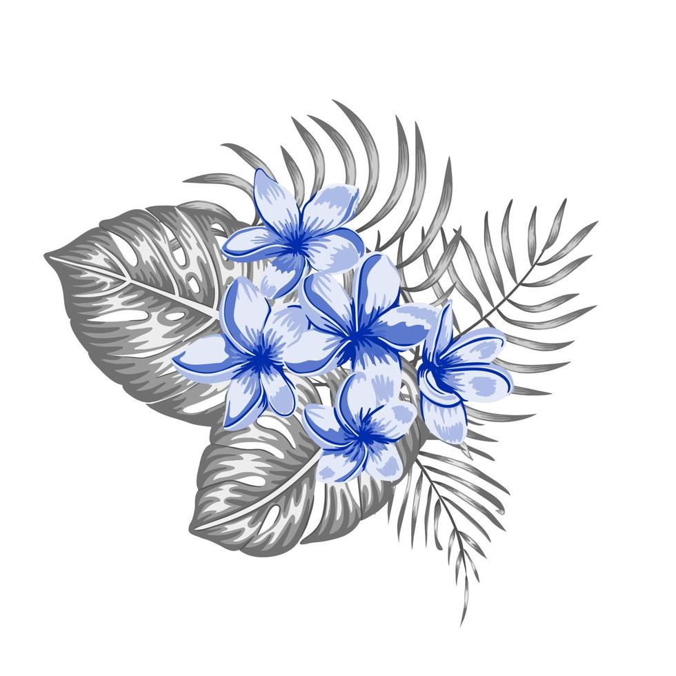 Vector composição tropical de flores de plumeria azul e monstera cinza e folhas de palmeira isoladas em elementos de design exótico de estilo aquarela background.realistic branco.