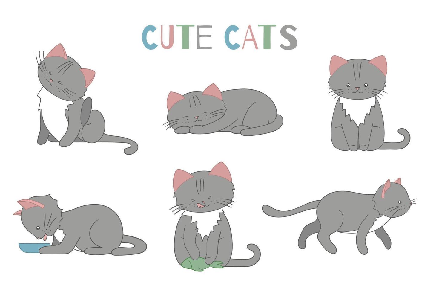 conjunto de vetores de gato de estilo bonito dos desenhos animados em poses diferentes. ilustração de personagens animais para crianças. mão desenhada desenhos de linha de gatinho engraçado. grande coleção de animais de estimação para crianças, colorir, animação.