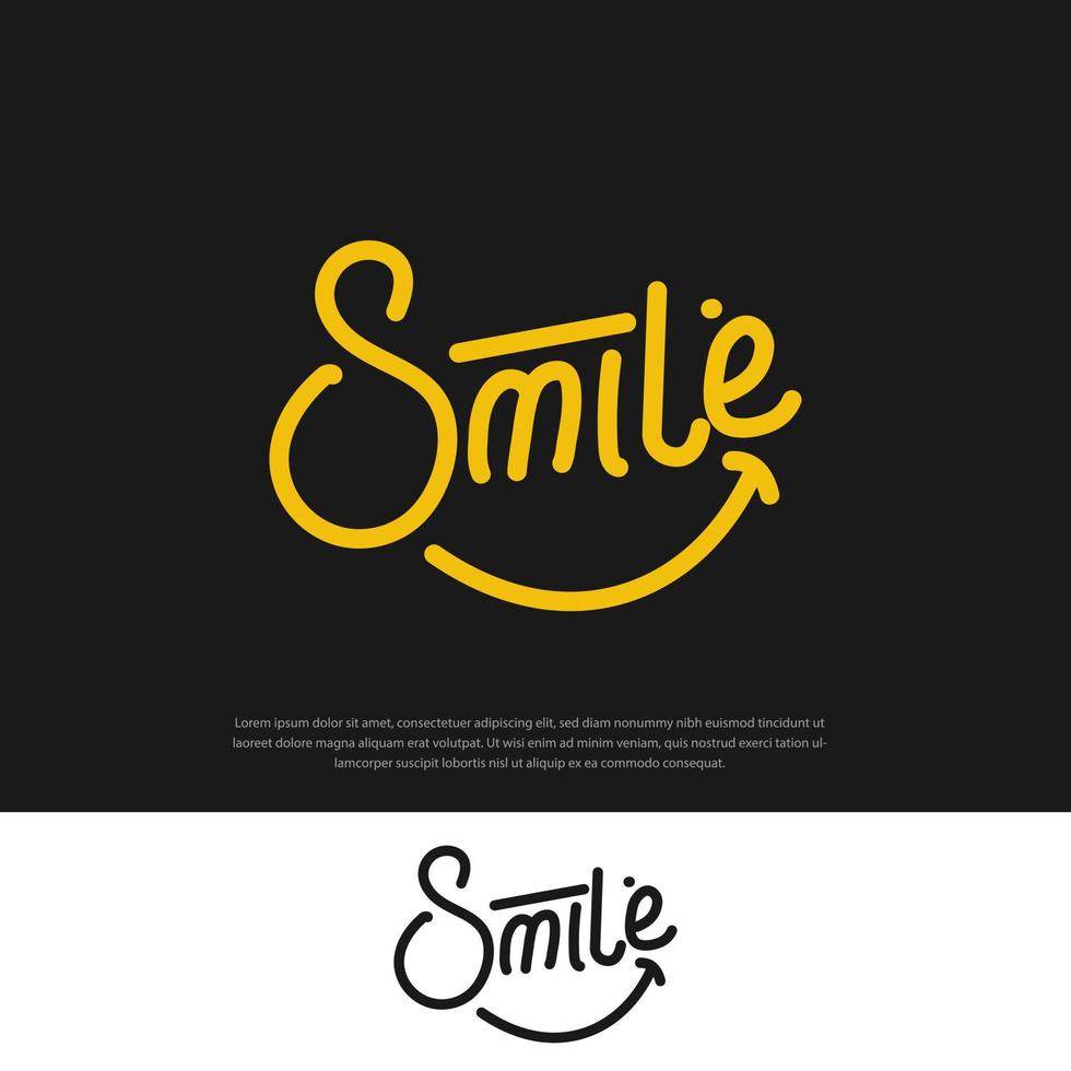 mão desenhada tipografia amarela sorriso logotipo em ilustração vetorial de fundo escuro e branco vetor