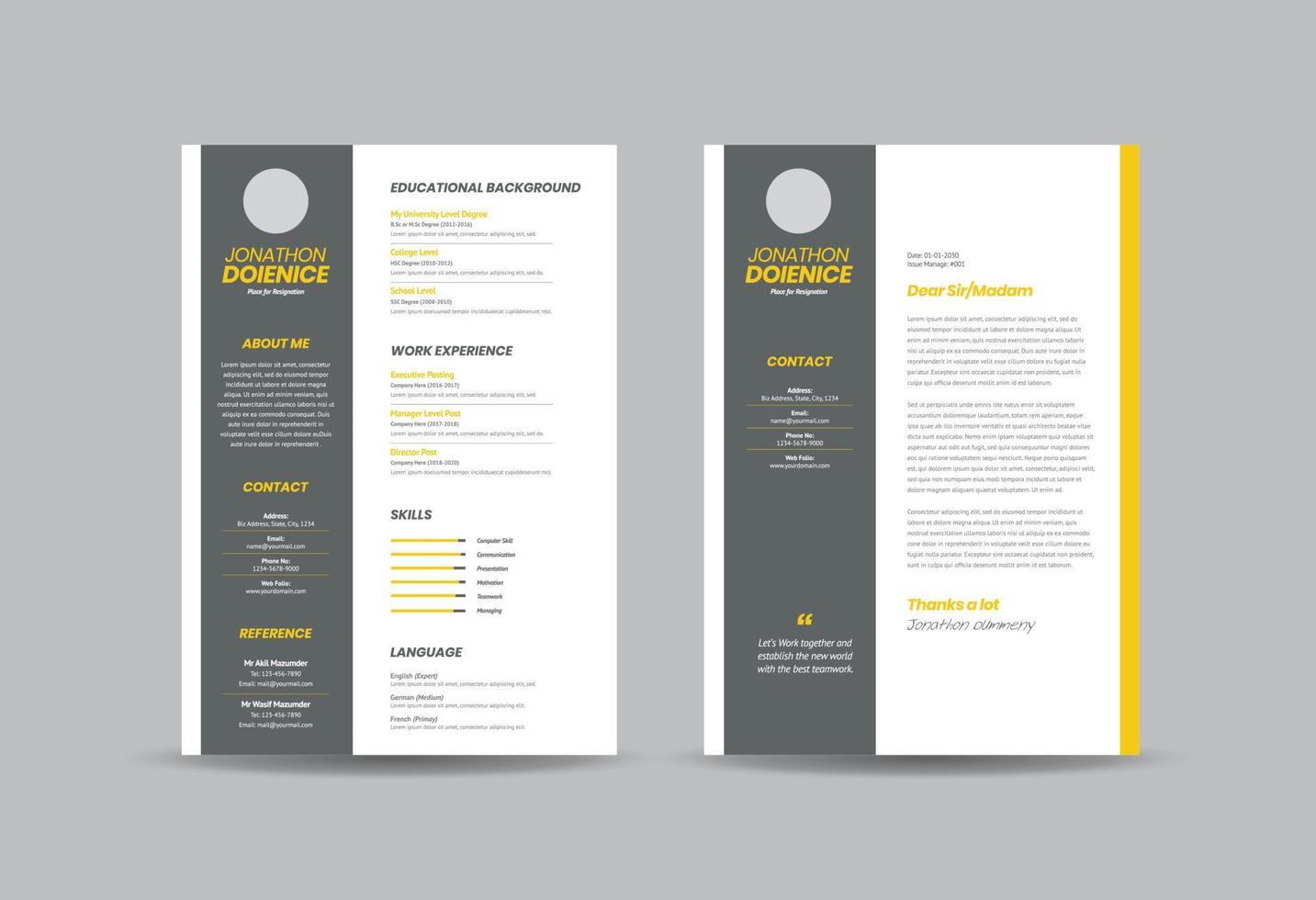 curriculum vitae cv currículo modelo de design ou detalhes pessoais para candidatura a emprego vetor