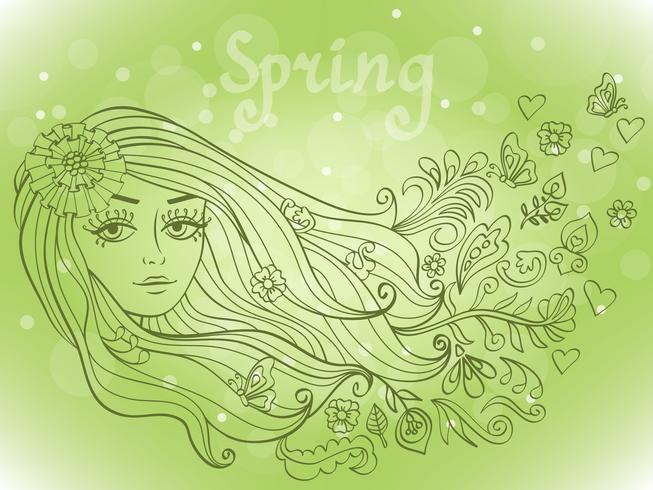 Retrato de menina primavera com flores desabrochando vetor