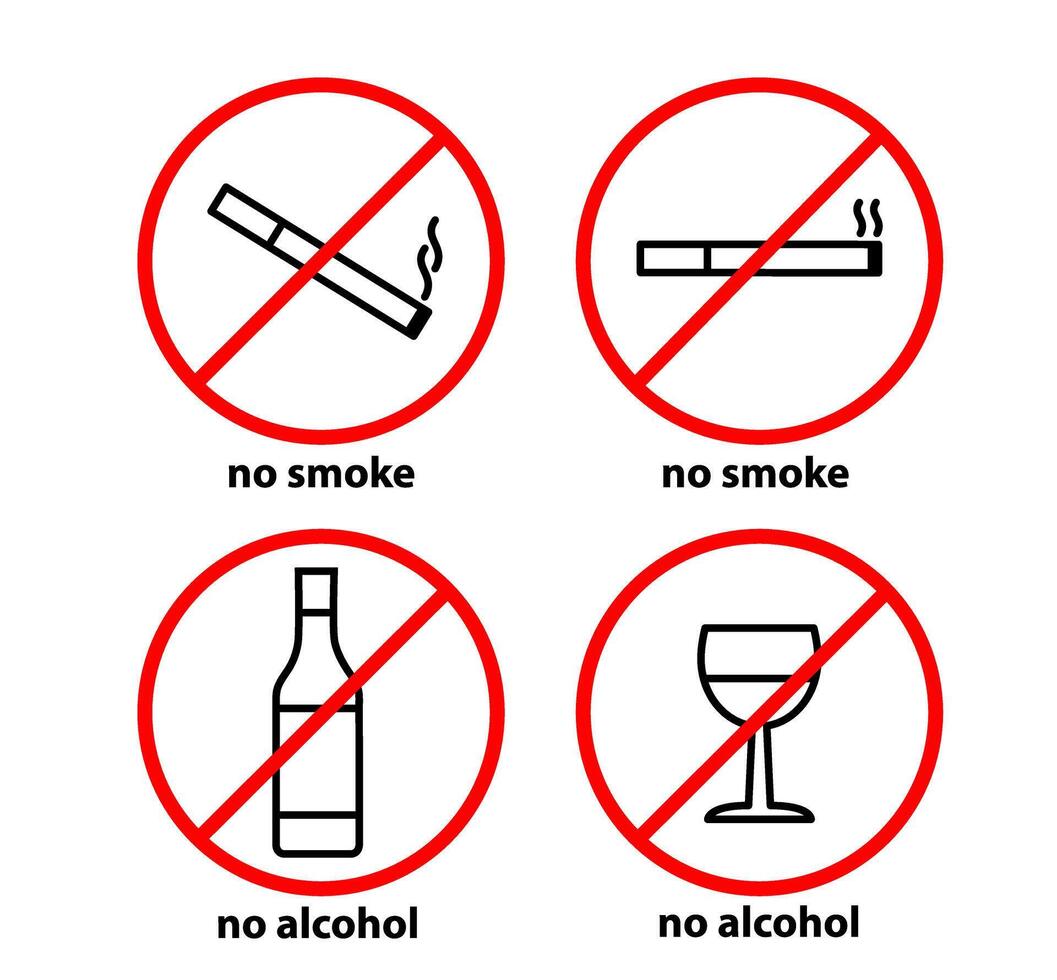 não fumar e álcool bebendo sinais. não álcool, não fumar. ilustração vetor