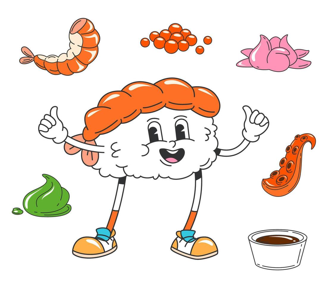 desenho animado japonês Sushi personagem com camarão vetor