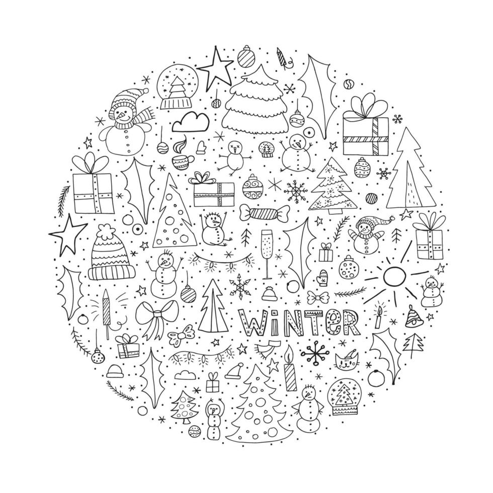 conjunto de elementos de inverno doodle. objetos desenhados à mão na forma de um círculo em um fundo branco. Feliz Natal e Feliz Ano Novo de 2022. vetor