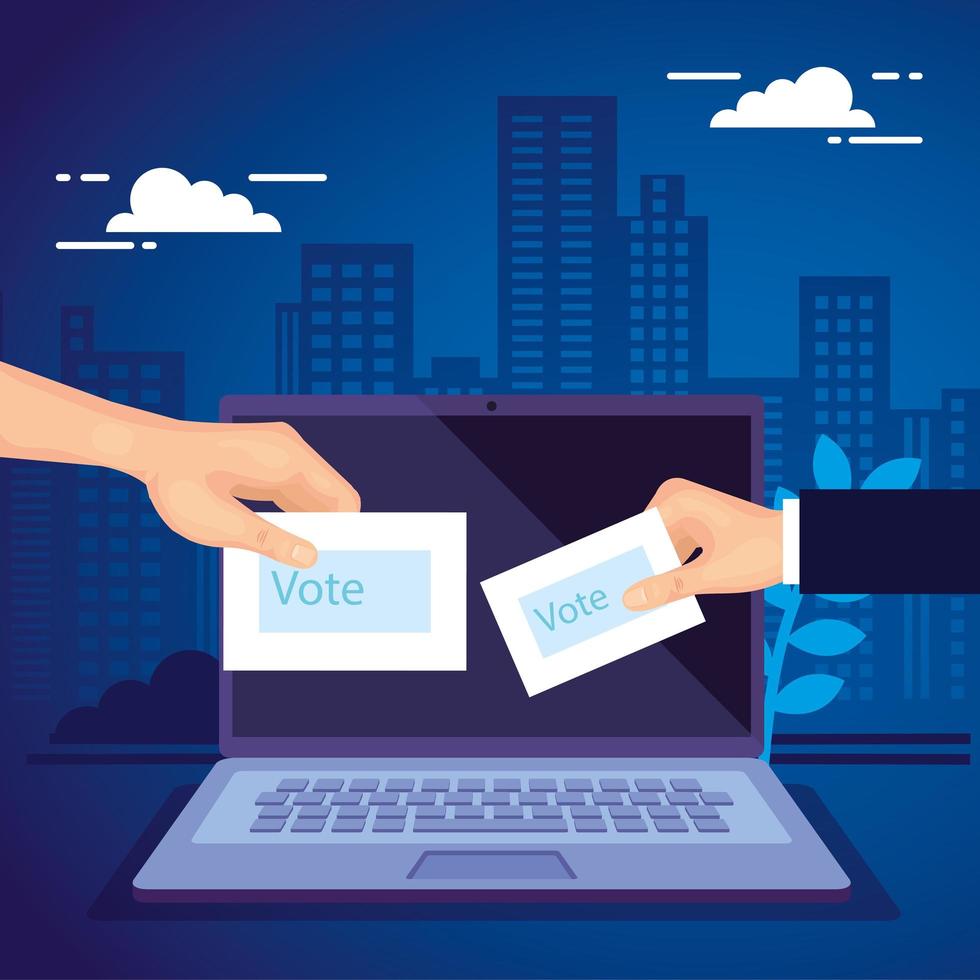 mão com laptop para votação online vetor