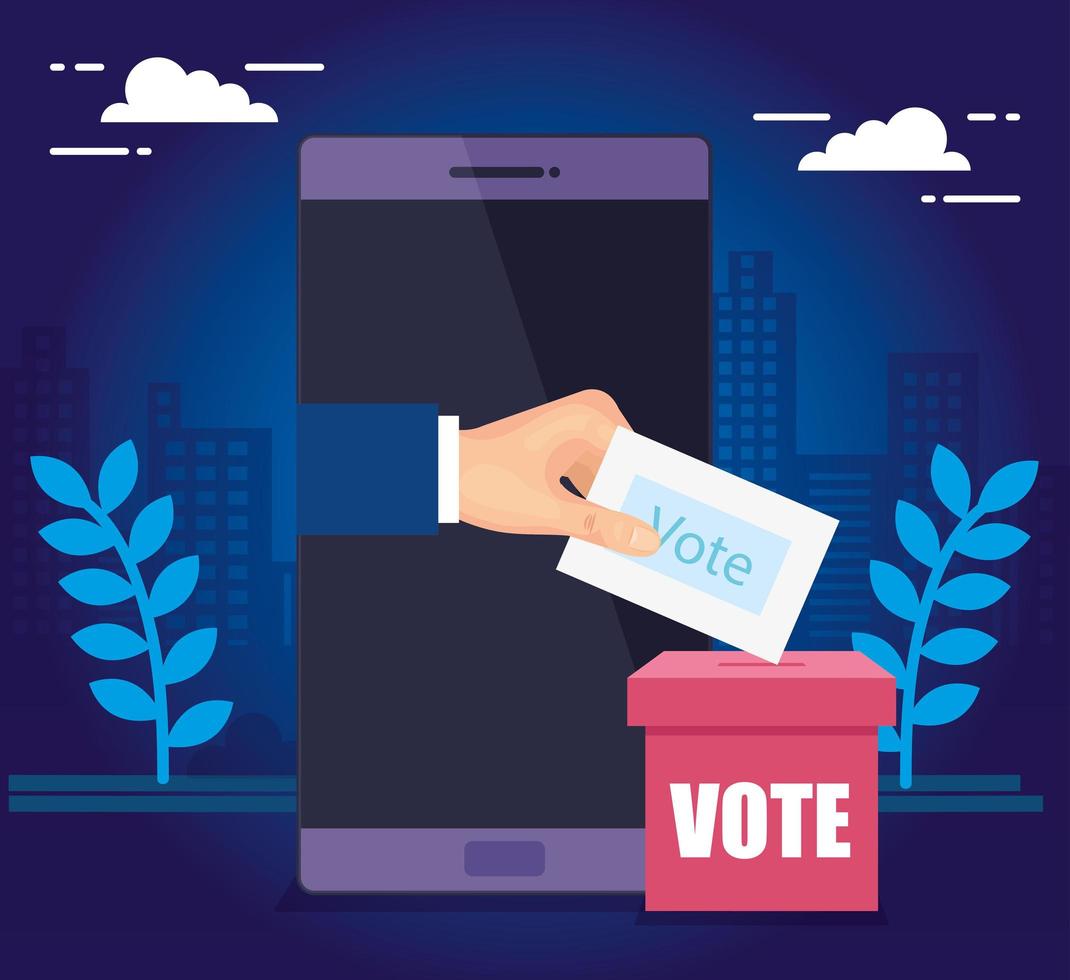mão e smartphone para voto online com urna eleitoral vetor