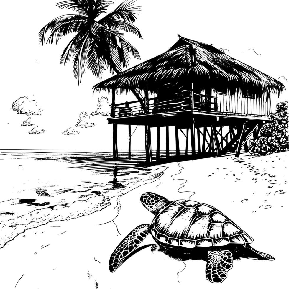 mar tartaruga e cabana em palafitas perto oceano. panorama com de praia. Preto e branco contorno. ilustração. vetor