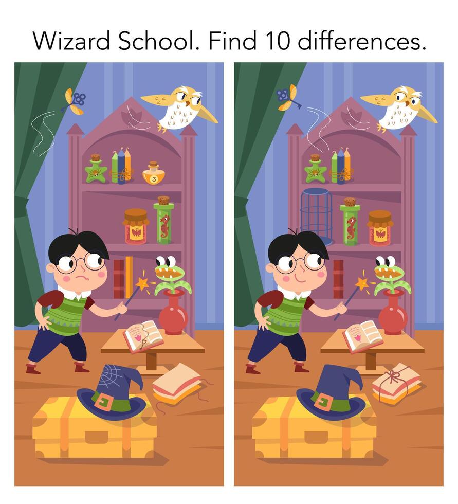 encontrar 10 diferenças. educacional enigma jogos para crianças. fofa menina bruxa com Magia varinha dentro Mago escola. interior com objetos, aranhas e monstros, castelo com velho mobiliário. ilustração vetor