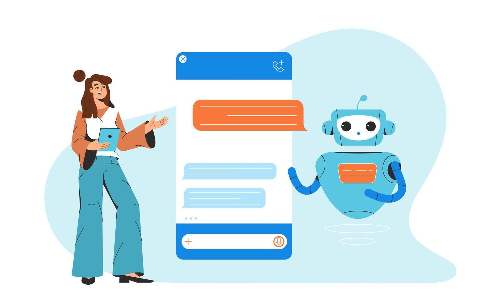 chatbot tecnologia. plano mulher conversando e comunicando com artificial inteligência. Smartphone interface com bate-papo robô diálogo mensagem ícones às tela. ai robô assistente, conectados cliente apoiar. vetor