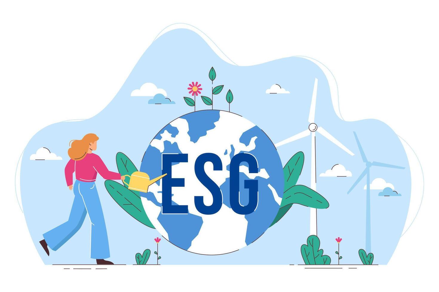 plano esg conceito do de Meio Ambiente e sustentabilidade dentro negócios. mulher rega globo com flores, salvando terra. menina Cuidado do planeta e natureza. ambiente, ecologia e natureza proteção. vetor