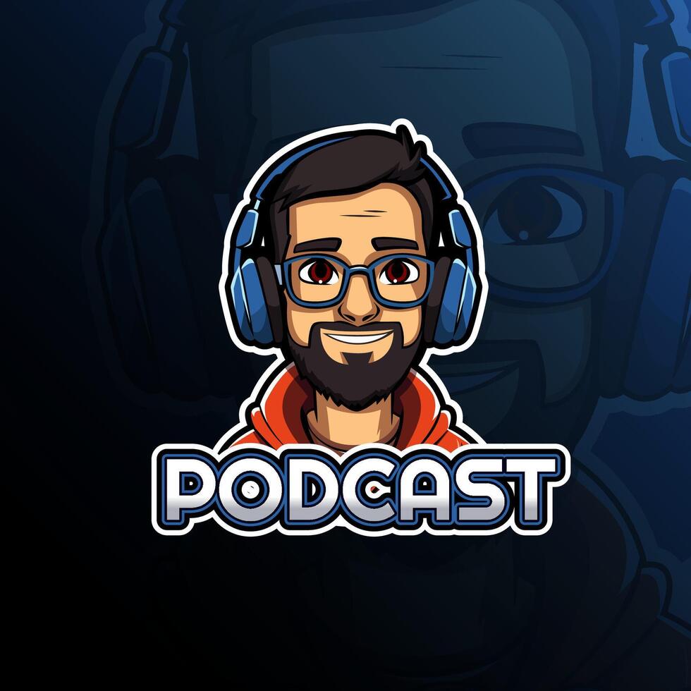 podcast homem com fone de ouvido mascote logotipo Projeto para distintivo, emblema, esport e camiseta impressão vetor