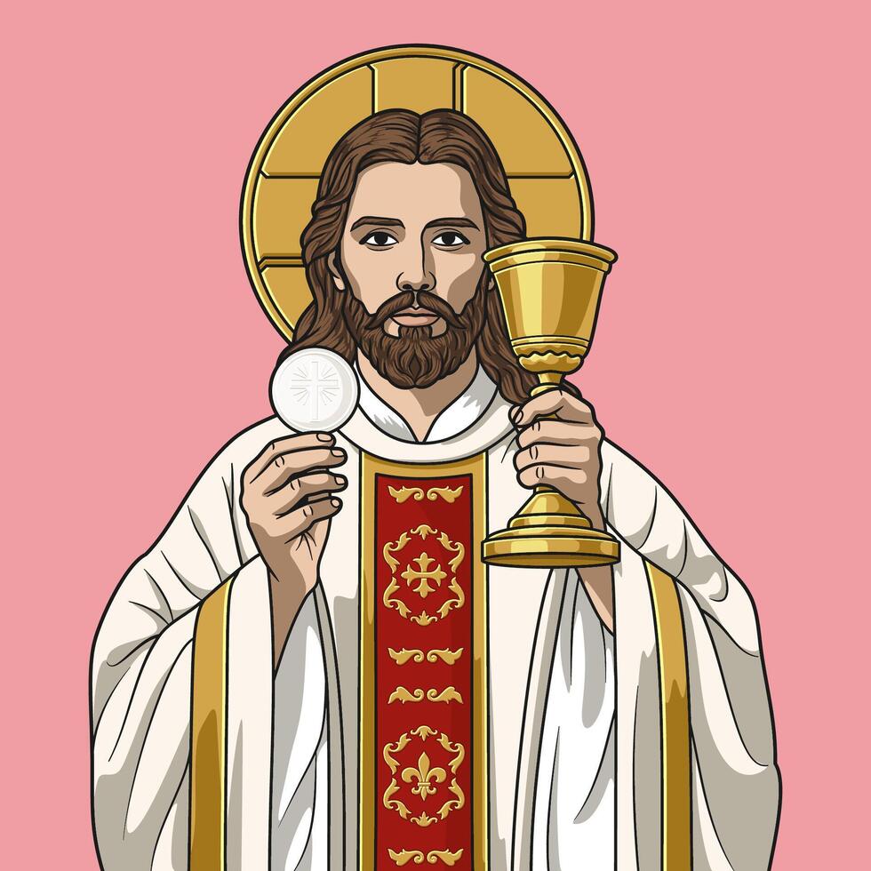 Jesus Cristo sacerdote segurando a hospedeiro e cálice colori ilustração vetor