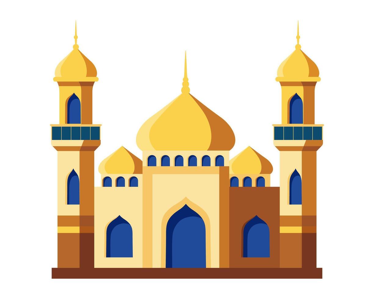 islâmico mesquita com uma dourado cúpula e minarete. mesquita muçulmano árabe arquitetura religioso gráficos. oração construção islâmico cultura. plano estilo, sagrado arquitetura. ilustração. vetor