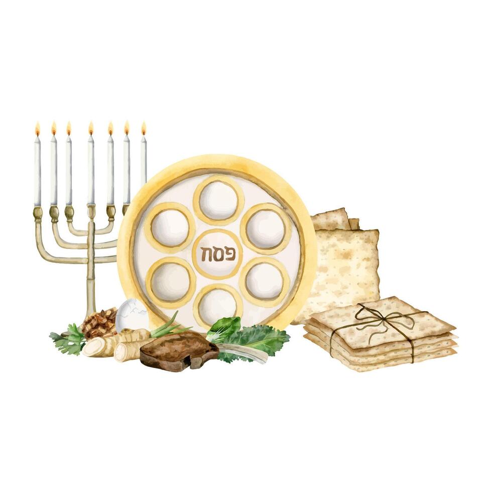 Páscoa cumprimento cartão modelo com seder placa, tradicional comida, menorah matzah aguarela ilustração para pesach vetor