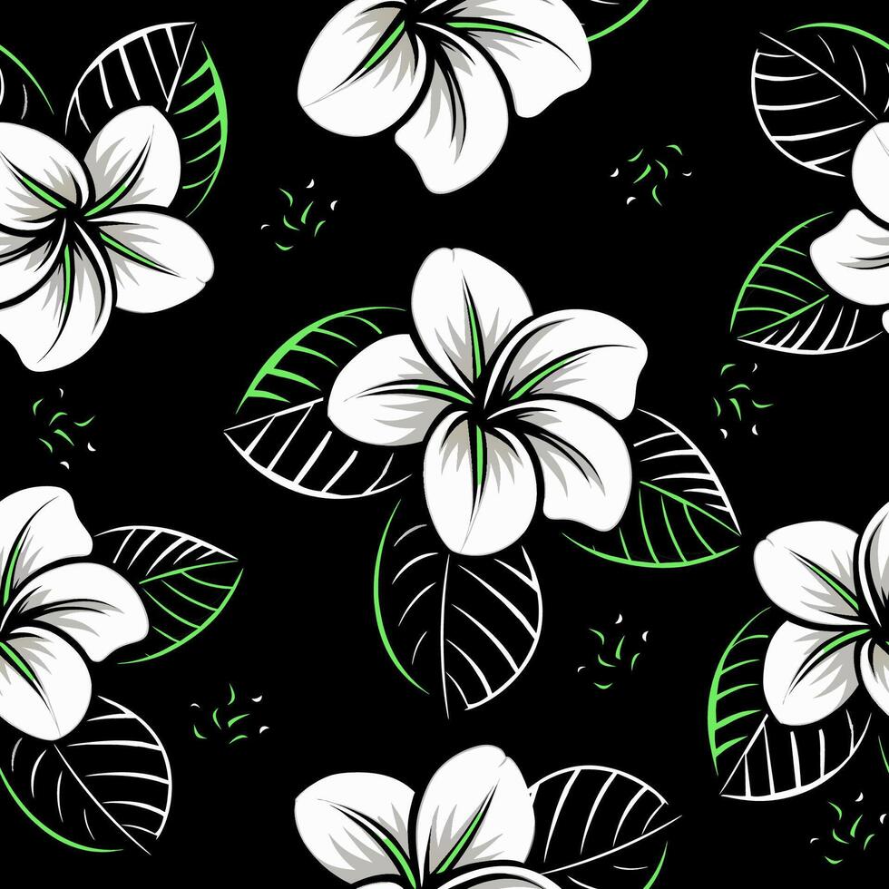 ilustração do desatado padronizar com tropical flores em uma Preto fundo. vetor