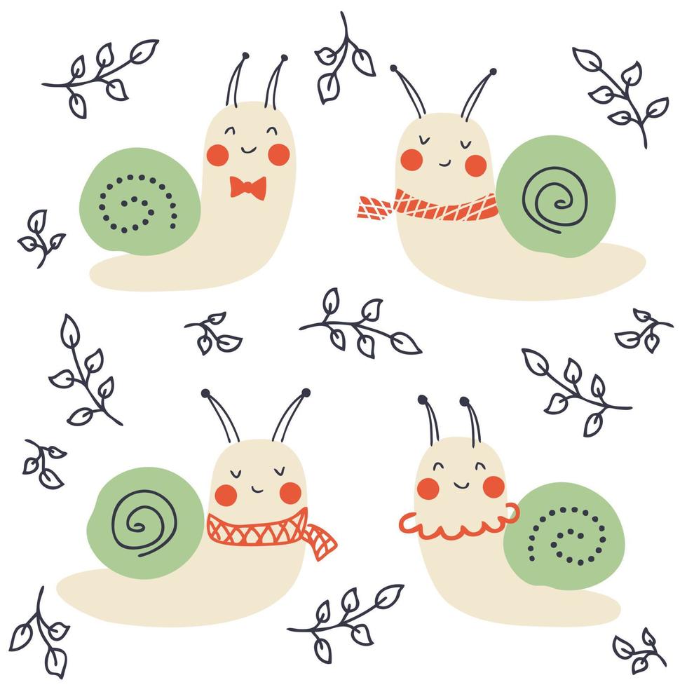 coleção de primavera de caracóis bonitos com folhas doodle. vetor