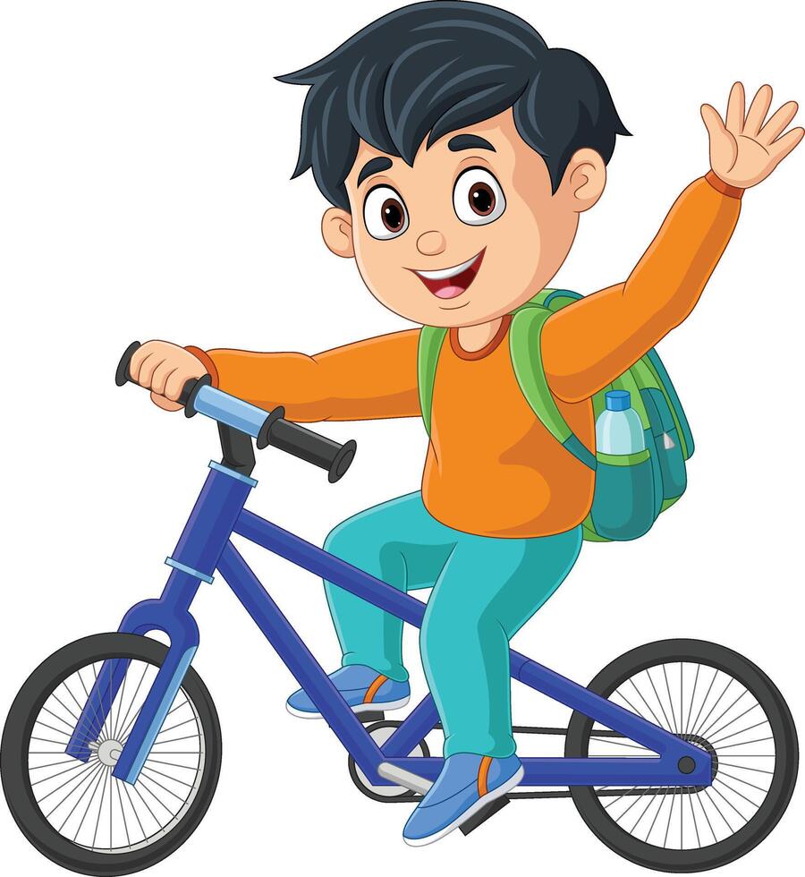 fofa escola Garoto desenho animado equitação bicicleta vetor