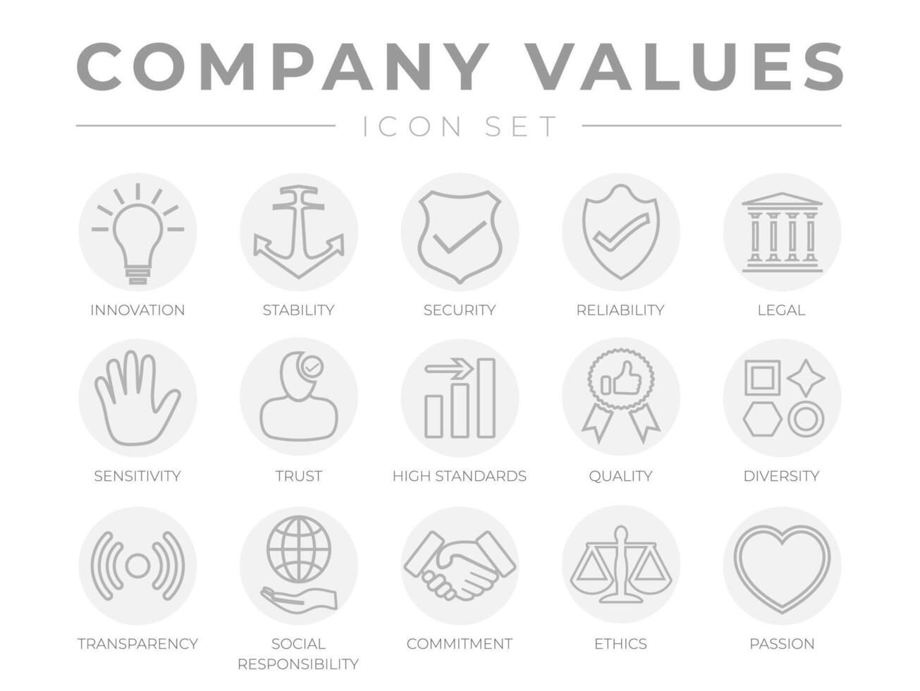o negócio companhia testemunho valores esboço luz cinzento ícone definir. inovação, estabilidade, segurança, confiabilidade, legal e sensibilidade, confiar, Alto padrão, qualidade, transparência responsabilidade paixão ícones. vetor
