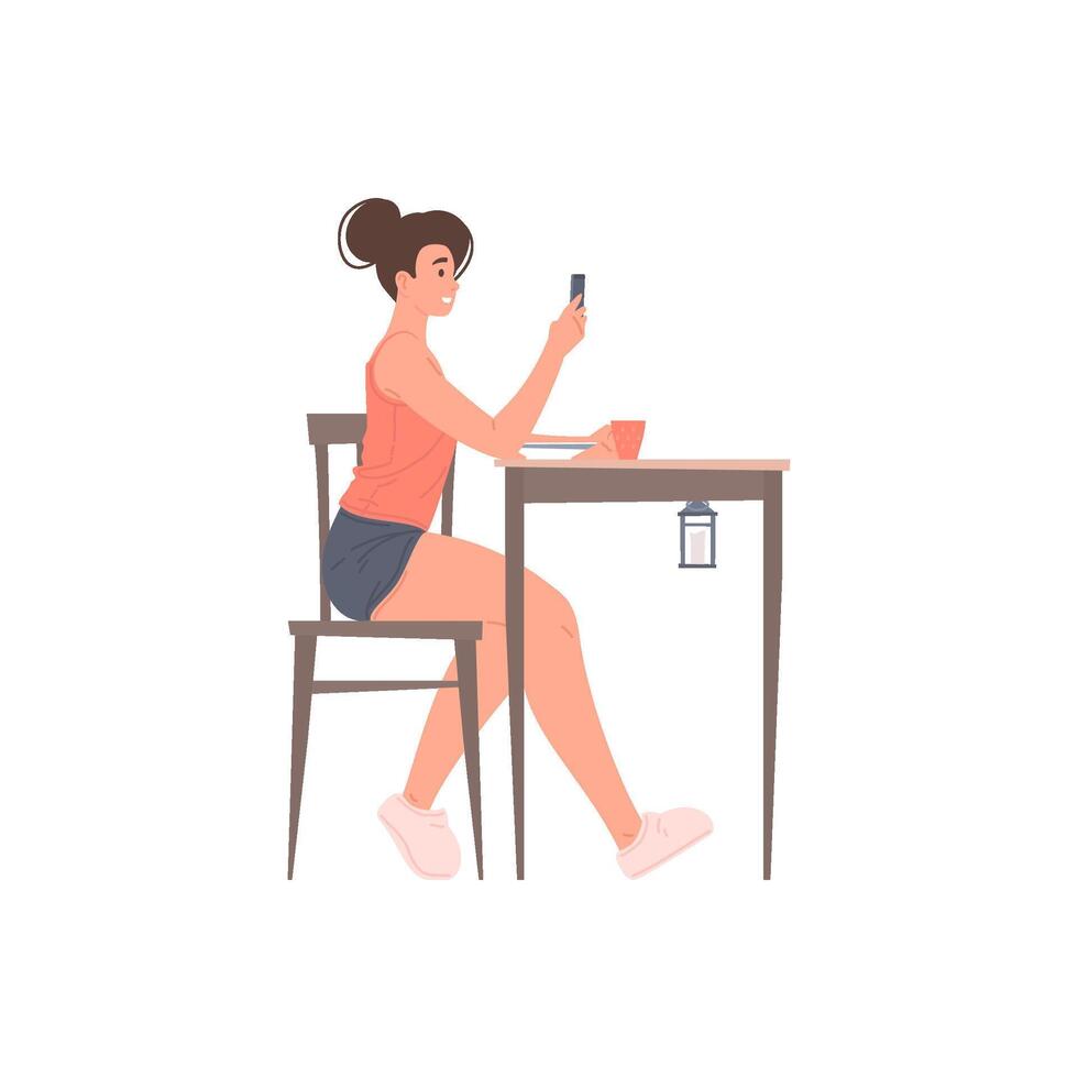 jovem sorridente mulher conversando usar Smartphone às casa mesa tendo café da manhã, almoço ou jantar vetor
