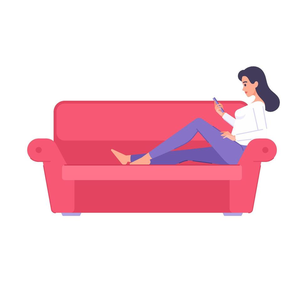 relaxado doméstico mulher deitado em sofá usar Smartphone conversando navegando Internet plano vetor