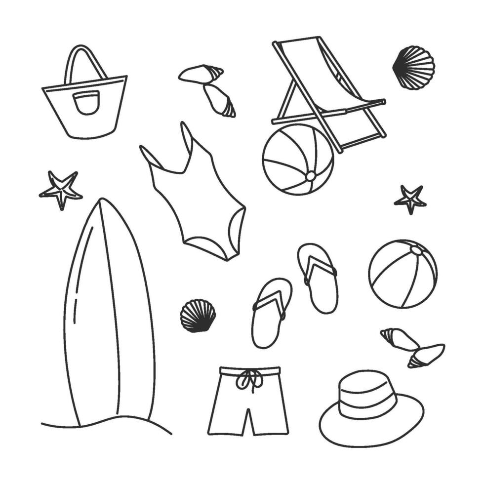 ilustração do colorida engraçado rabiscos do verão símbolos.espreguiçadeira, maiô, prancha de surf, bola. coleção do desenho animado ícones com 1 linha. vetor