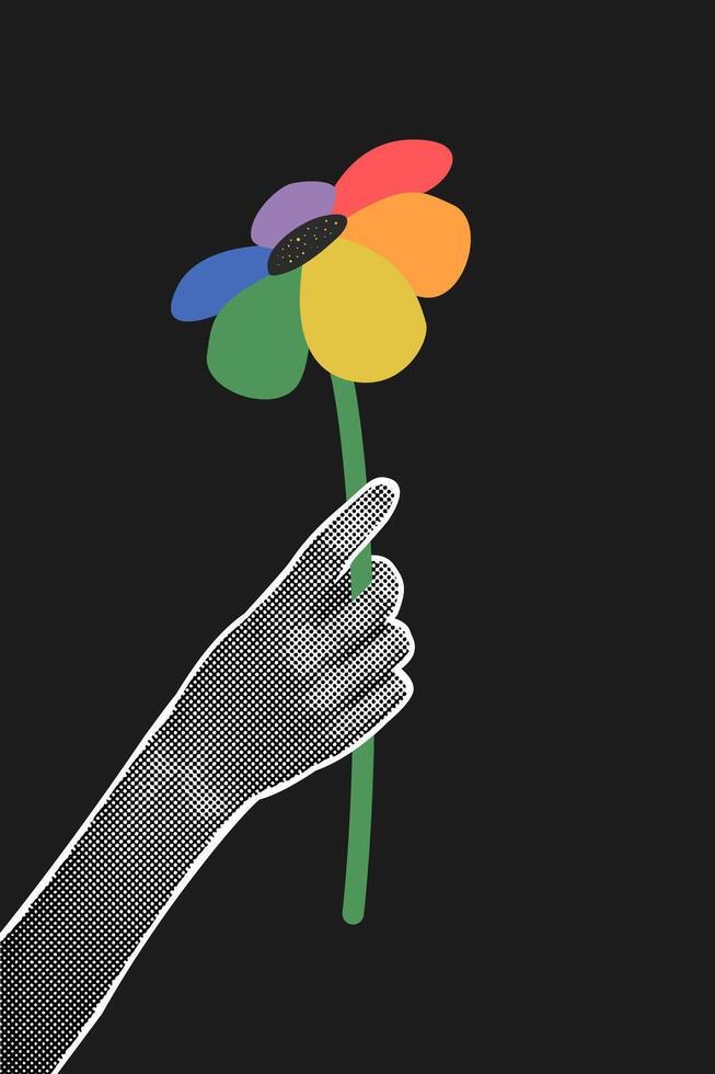 na moda meio-tom colagem em Sombrio fundo. mão segurando uma flor com lgbt emblema. gênero, diversidade, unidade conceito. plano ilustração para poster vetor