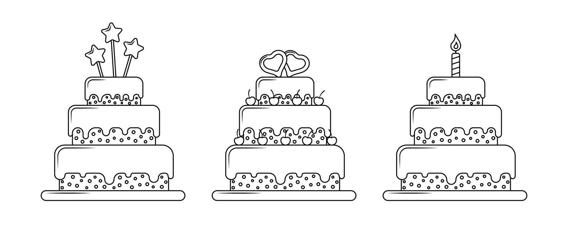 linear aniversário bolos definir. três esboço grande sobremesas em branco vetor