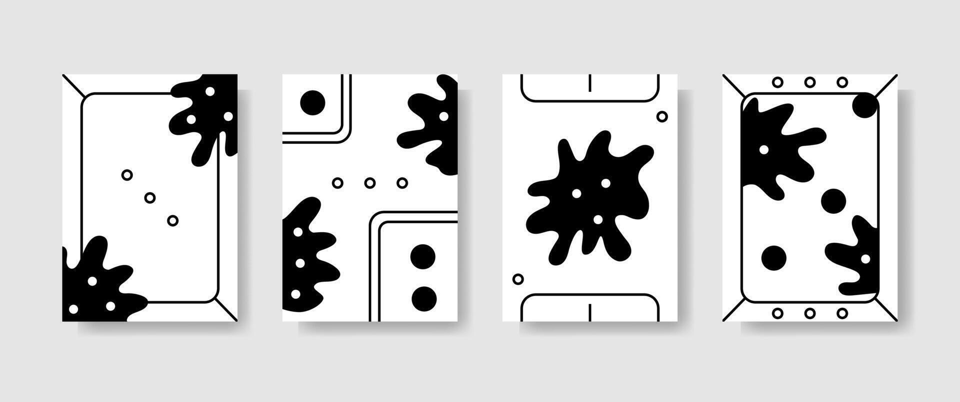 abstrato Preto e branco cartazes com linhas, pontos e pontos. conjunto do simples incolor bauhaus Projeto faixas em cinzento fundo vetor