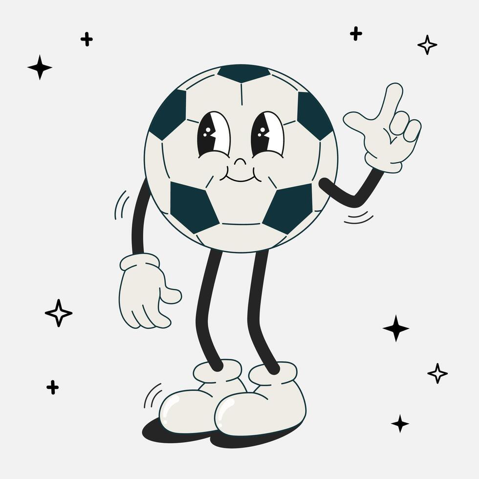 futebol bola groovy retro personagem. futebol mascote com diferente emoções e poses. engraçado fofa histórias em quadrinhos personagens dentro rabisco estilo. plano ilustração isolado. 60. -70s vibrações adesivo definir. vetor