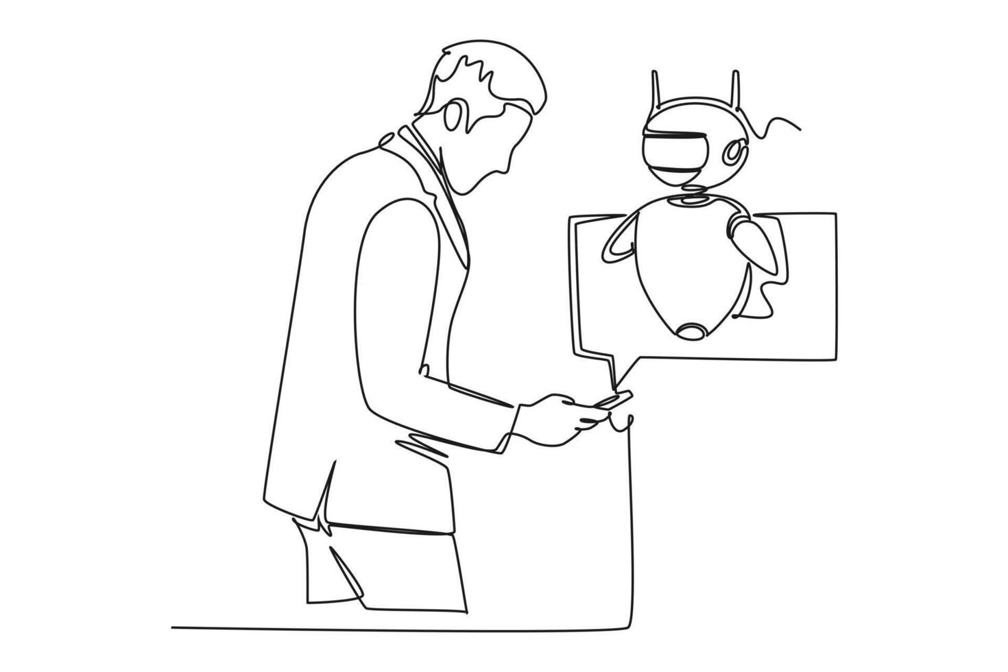 contínuo 1 linha desenhando conectados comunicação com bate-papo robô conceito. rabisco ilustração. vetor