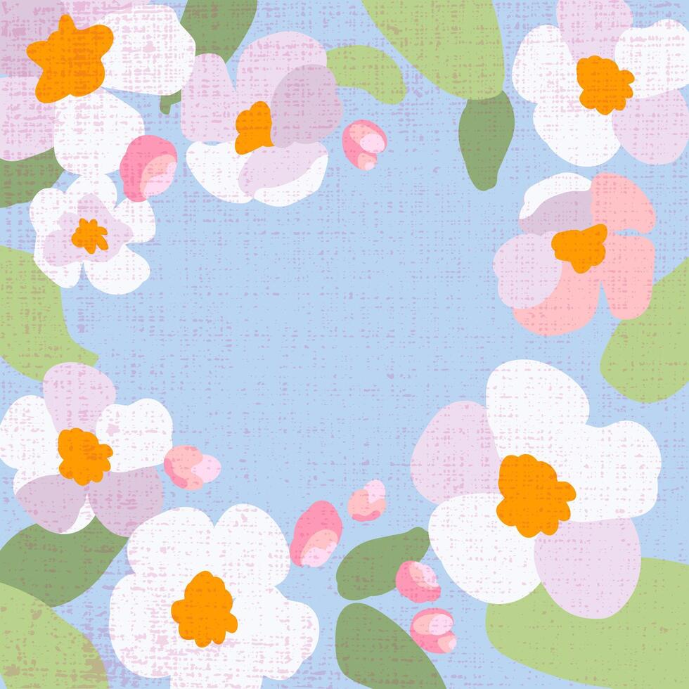 Primavera poster quadrado tradicional flores maçã árvore ramo azul fundo modelo bandeira feriado saudações textura mão desenhado Rosa pétalas verde folhas ilustração vetor