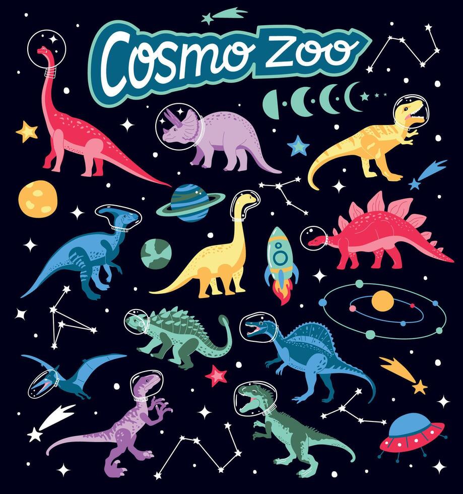 astronauta dinossauro personagem conjunto Projeto. fofa espaço ilustração. dinossauro, espaço enviar, foguete imprimir. vetor